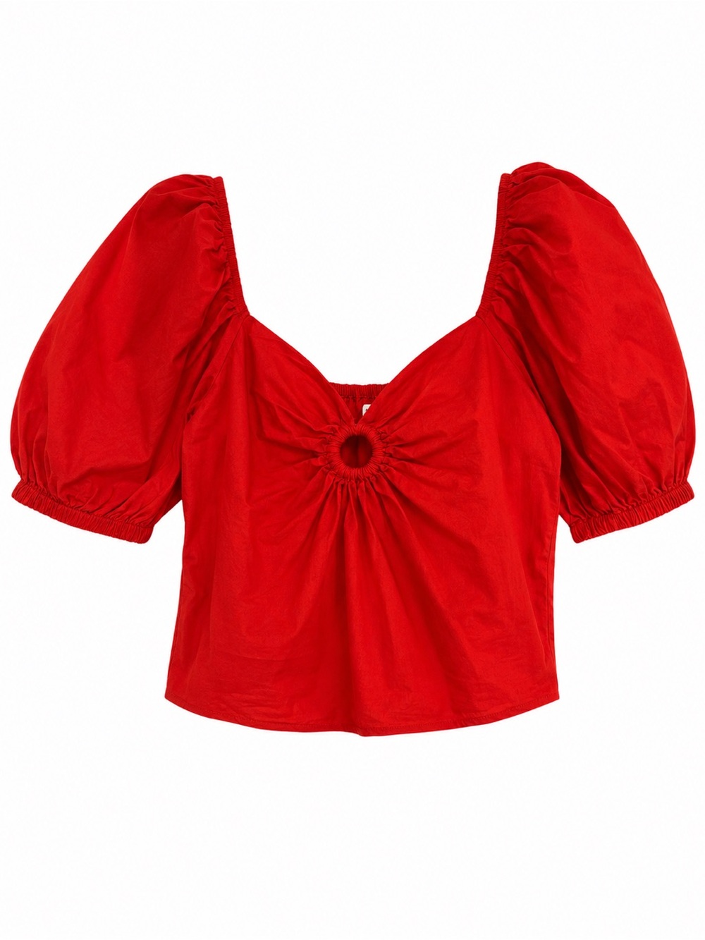 Puff Sleeve Ring-Detail Crop Top in Red